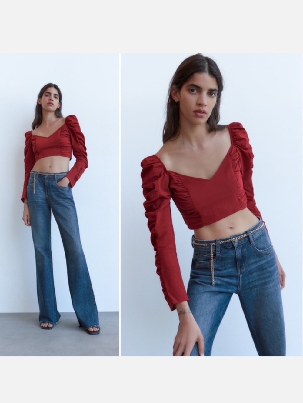 Zara Red Maroon Ruched Cropped Smocked Long Sleeve Top Small Cotton Spring Puff